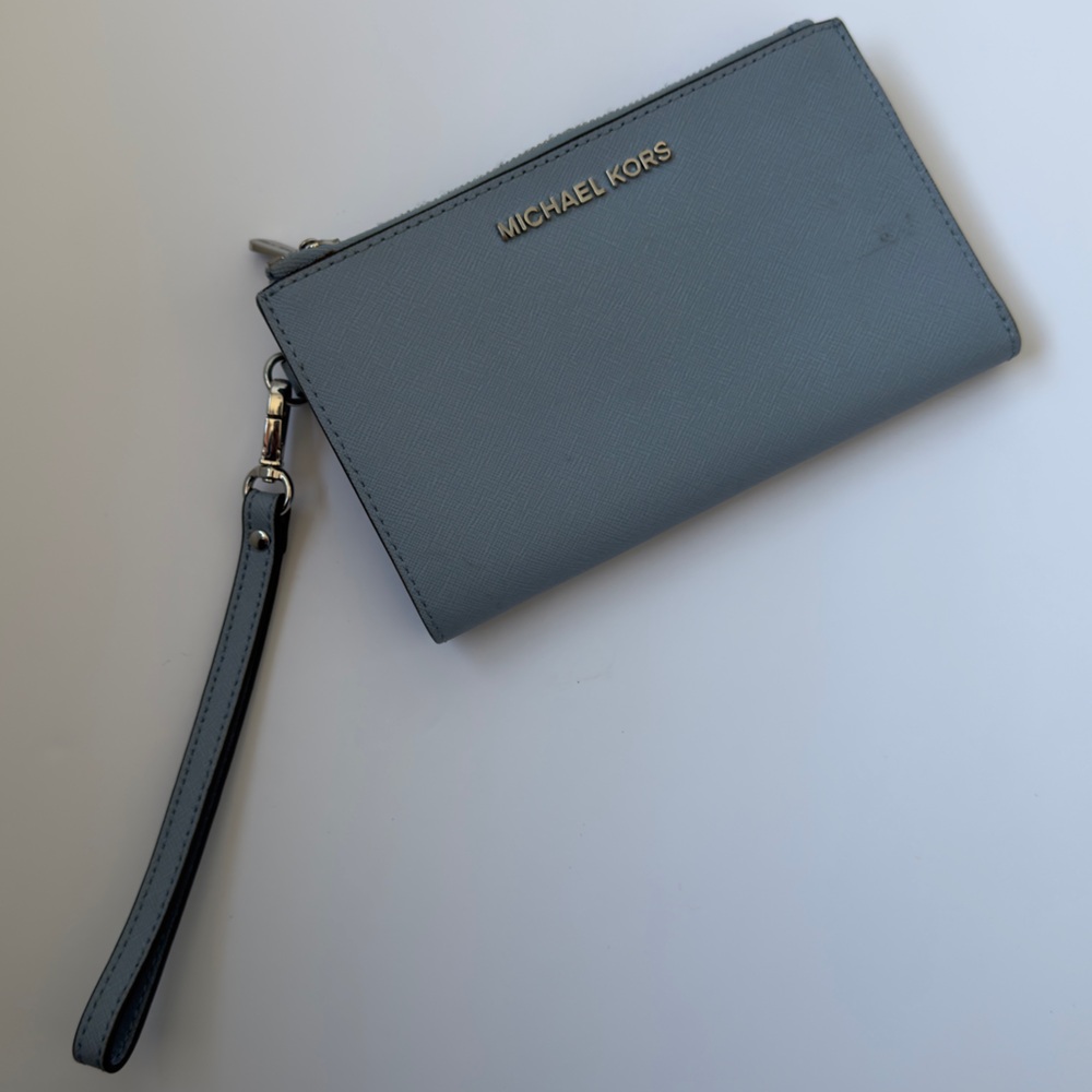 Michael Kors Pale Blue Leather Zip Clutch Wallet with Silver Logo